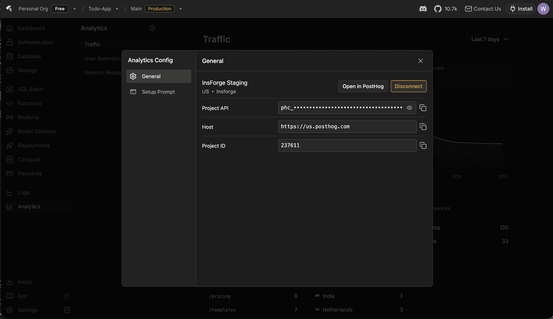 Analytics Config dialog opened from the Analytics settings gear, showing the InsForge Staging connection, project API key, host, and project ID
