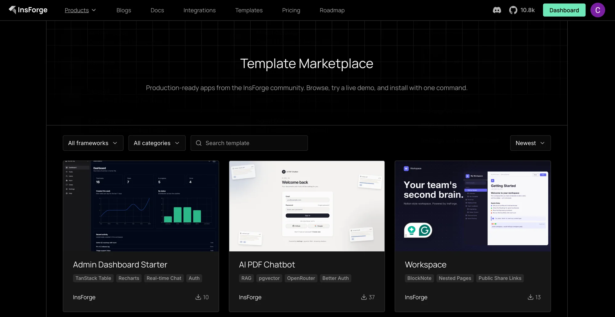 InsForge Template Marketplace directory
