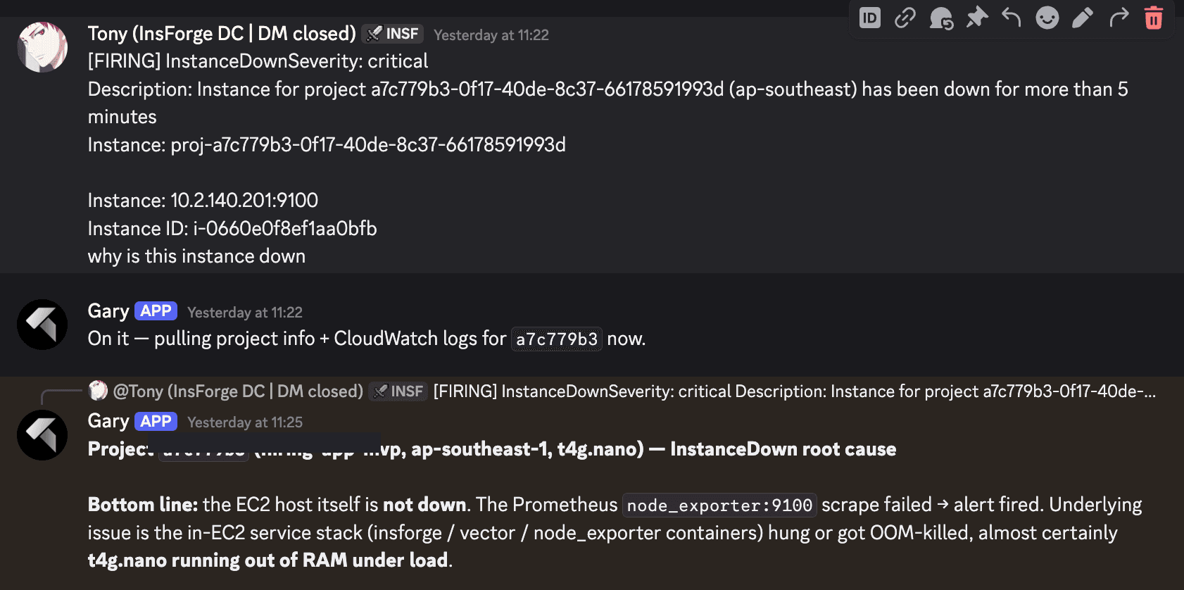 Discord channel showing an InstanceDown alert in ap-southeast-1, a one-line question from me, and the agent's CloudWatch-backed root cause analysis: EC2 healthy, status checks green, t4g.nano OOM-killed the node_exporter container under load